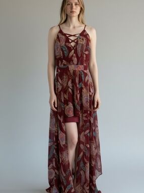 Miss Avenue Burgundy Floral High-Low Maxi Dress with Crisscross Bodice